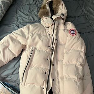 Canada Goose Light Beige Puffer Jacket with Fur Trim